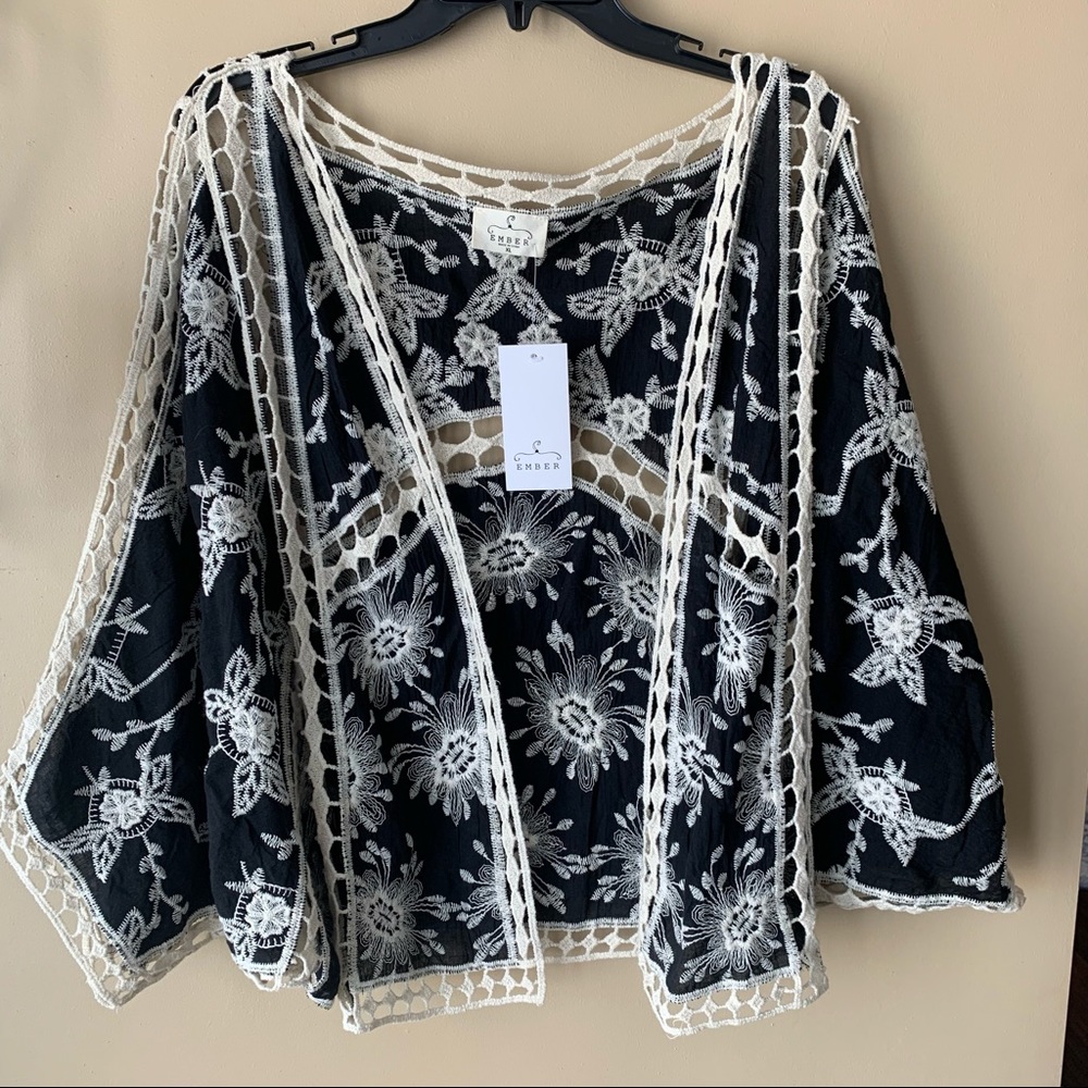 EMBER NWT crocheted jacket with stitching.